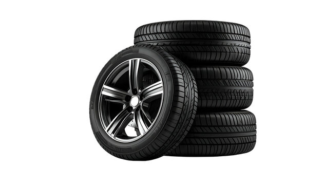 A stack of four black rubber tires, one mounted on a shiny alloy wheel, set against a black backdrop