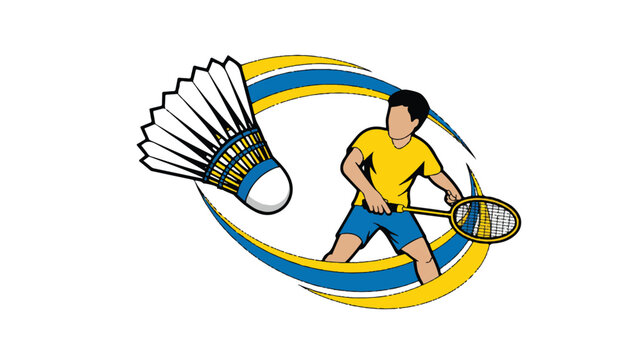 A stylized sports logo design featuring a badminton player and shuttlecock in a dynamic composition 