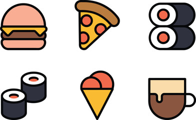 Colorful cartoon illustrations of fast food sushi and dessert items