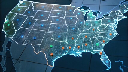 A digital map of the United States highlighting various locations with colored markers, showcasing geographical data and connectivity.