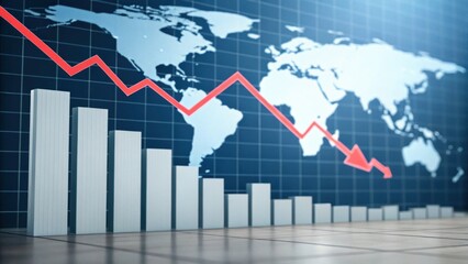 A downward trend chart against a world map background, representing economic decline or market analysis.