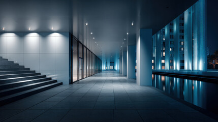 Modern illuminated building corridor at night with reflecting pool and stairway