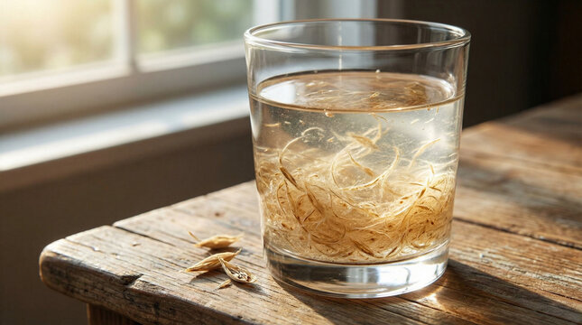 psyllium. A glass of water with psyllium husk fibers creating organic swirls, lit from the side on a wooden table. bar promotions, beverage menus, designed for product packaging and bar promotions.