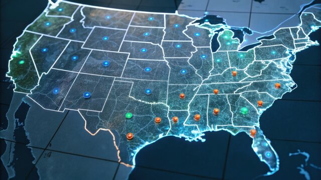 A digital map of the United States highlighting various locations with colored markers, showcasing geographical data and connectivity.