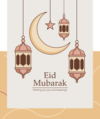 Eid mubarak illustration with crescent moon star and decorative hanging lanterns