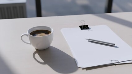 Morning coffee and a blank document on a desk, ready for work or study.