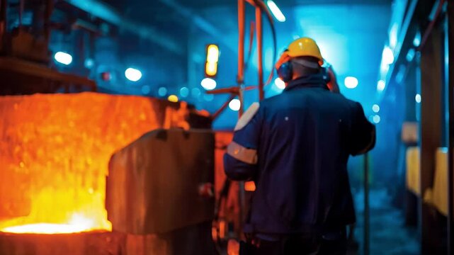 Technician uses wireless sensors to remotely monitor induction furnace operation in an industrial setting ensuring optimal performance and safety compliance.