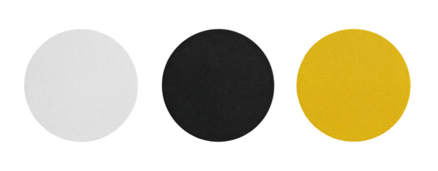 Three circular shapes in white, black, and gold/yellow