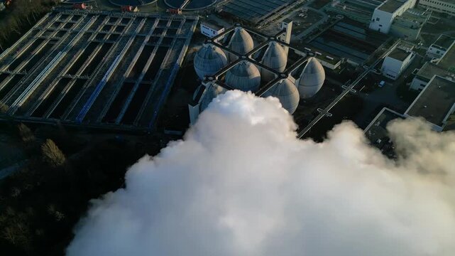 sewage treatment plant Industrial emitting smoke. Perfect aerial view drone