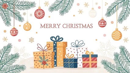 Merry Christmas Greeting Card Design with Festive Gifts and Ornaments on a Pure White Background and transparent background
