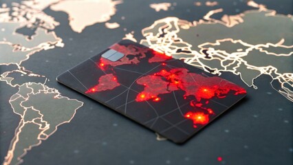 A sleek card rests on a dark world map, illuminated with red dots, suggesting a focus on global connectivity and technology.