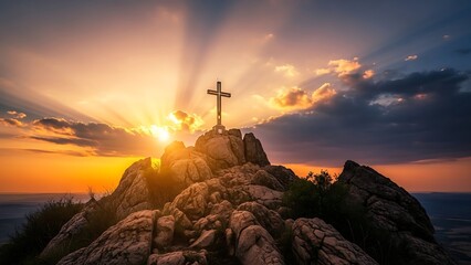 Cross on rocky hilltop during sunset with rays of light and clouds in the sky rocks