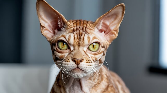 A close-up portrait of a curious devon rex kitten