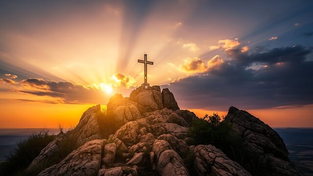 Cross on rocky hilltop during sunset with rays of light and clouds in the sky rocks - Powered by Adobe