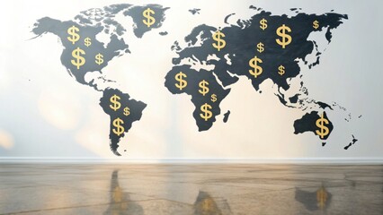 A world map with dollar signs highlights global finance, symbolizing economic connections and trade opportunities.