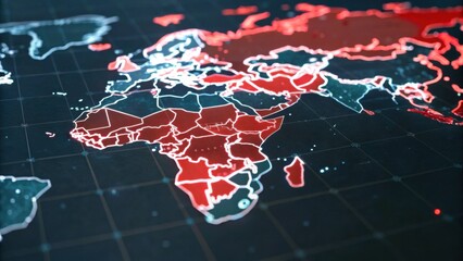 A digital map of the world highlighting various regions in red and blue, showcasing geographical boundaries and data representation.