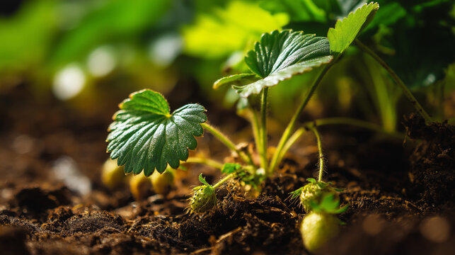 stolon. Close-up of a strawberry plant's stolon creeping across soil in morning light. gardening catalogs, home-decor guides, designed for gardening and botanical catalogs, enhances decor appeal.