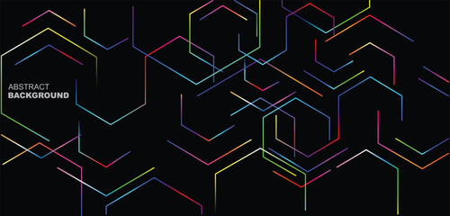 Vibrant abstract background with colorful hexagons on black.