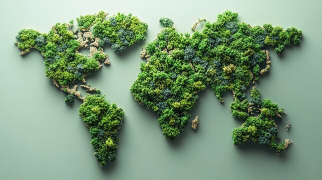 Green world map made of trees symbolizes global sustainability and environmental conservation
