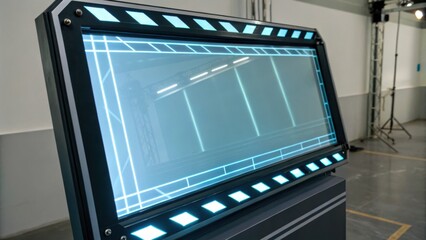A sleek, futuristic display screen with glowing edges, set in a modern environment, showcasing advanced technology.