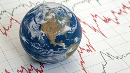 A globe representing Earth sits on a chart with fluctuating graphs, symbolizing global markets and economic trends.