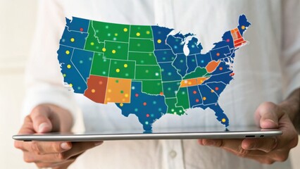A person holds a tablet displaying a colorful map of the United States, indicating various data points across different states.