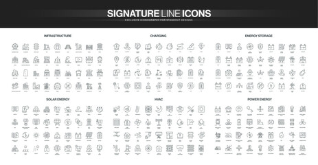 Comprehensive set of thin line icons covering infrastructure, charging, energy storage, solar energy, HVAC, and power energy concepts isolated vector illustration © Icon Majesty