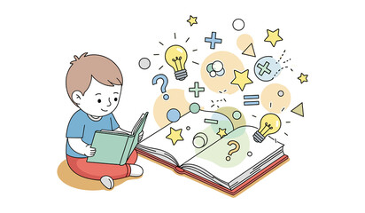 Fototapeta premium International Day of Education Illustration of Child Reading Book with Learning Icons and Creative Knowledge Concept