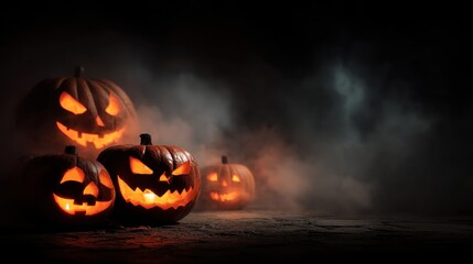 Groups of jack o lanterns sit on a dark surface. Each pumpkin has unique carved faces that glow warmly. Smoke swirls around them creating a Halloween atmosphere.
