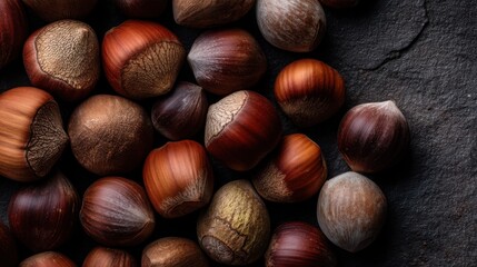 Various hazelnuts are spread out on a dark stone surface. The nuts show different colors and textures. They are arranged closely together creating a natural pattern.