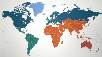 A colorful world map displaying various regions in different colors, highlighting geographical distinctions across continents and countries.