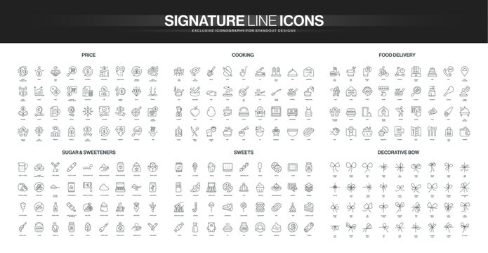 Thin line icons covering price, cooking, food delivery, sugar, sweeteners, sweets, and decorative bows, each group detailed for diverse culinary and design themes isolated vector illustration