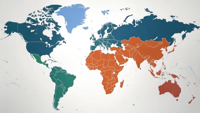 A colorful world map displaying various regions in different colors, highlighting geographical distinctions across continents and countries.