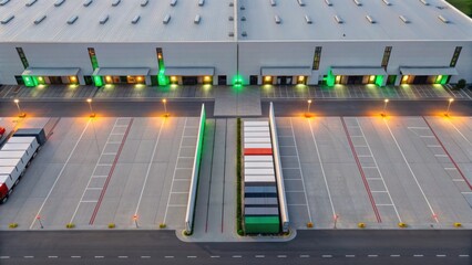 Aerial view of a modern warehouse with illuminated loading bays and organized containers in the parking area.