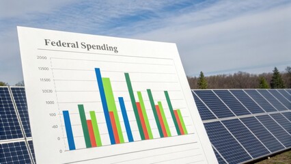 A chart displaying federal spending in front of solar panels, illustrating the intersection of finance and renewable energy.