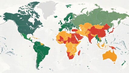 A world map highlighting countries with varying colors, indicating different levels of a specific metric or data, possibly relating to health, economy, or environment.