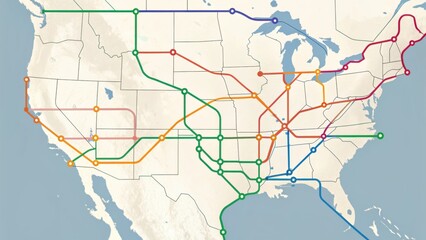 Fototapeta premium A detailed map of the United States showing various proposed high-speed rail routes and connections in different colors.