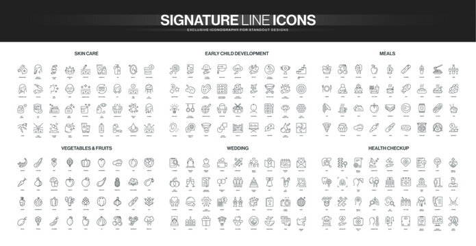 Comprehensive line icon collection covering skin care, child development, healthy meals, fruits, wedding elements, and health checkup concepts isolated vector illustration