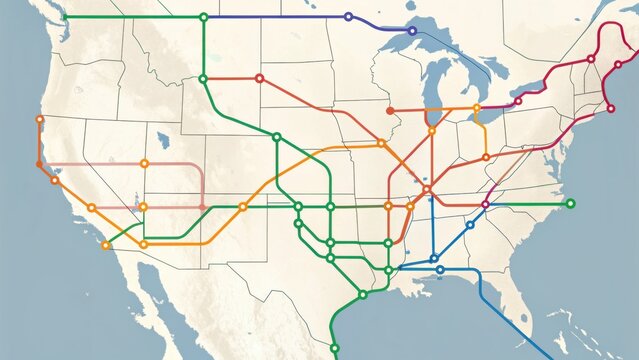 A detailed map of the United States showing various proposed high-speed rail routes and connections in different colors.