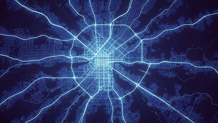 Futuristic glowing blue digital city map representing an intricate urban network with interconnected data flows, symbolizing advanced technology and global communication infrastructure