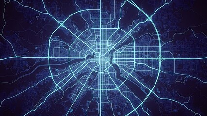 Futuristic urban landscape with illuminated network pathways, symbolizing smart city technology, interconnected infrastructure, and advanced digital planning for modern metropolitan development