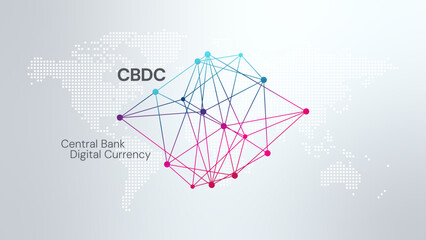 CBDC money. Central Bank Digital Currency vector. Blue pink gradient triangle pattern. Silver background with white dotted map