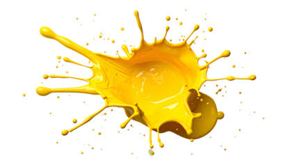 A vibrant yellow liquid splash with intricate details against a stark black background