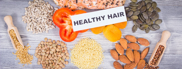 Nutritious food containing natural vitamins and minerals as best eating for healthy hair