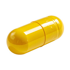 Close-up of a yellow capsule, the two halves joined by a thin, clear band