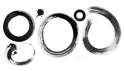 Abstract black and white brushstroke circles and splatters, minimalist design