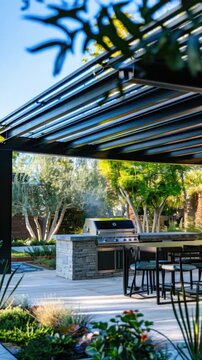 A patio setup with table, chairs, and grill for outdoor dining or relaxation