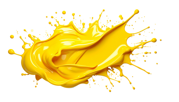 A vibrant splash of glossy yellow liquid erupts, contrasting with a black background - Powered by Adobe