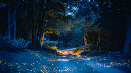 Mysterious forest path illuminated by glowing fireflies and golden light at night