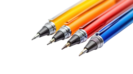 Four pens of different colors are lined up next to each other